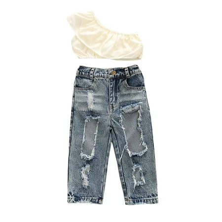 

ZIYIXIN 2pcs Summer Kids Girls Clothes One Shoulder Ruffles Solid Vest Tops Hole Denim Pants Sets Apricot 18-24 Months