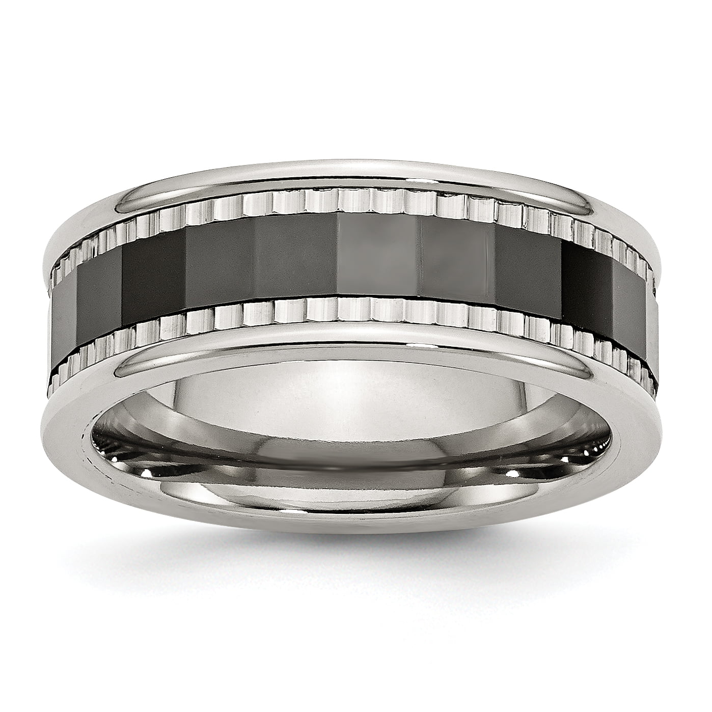 Jewelrypot - Stainless Steel Engravable w/Sawtooth Accent/Black Ceramic Center Faceted Band