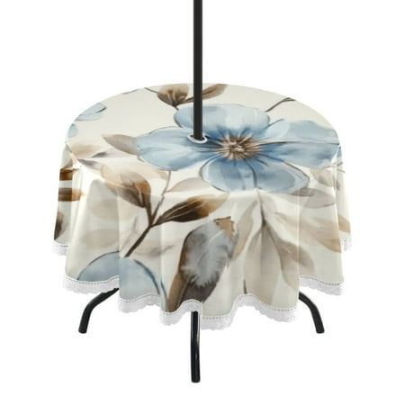 

60 Outdoor Round Tablecloth with Umbrella Hole & White Lace Trim Waterproof Patio Table Cover for Garden Kitchen Dining Soft Blue Flowers