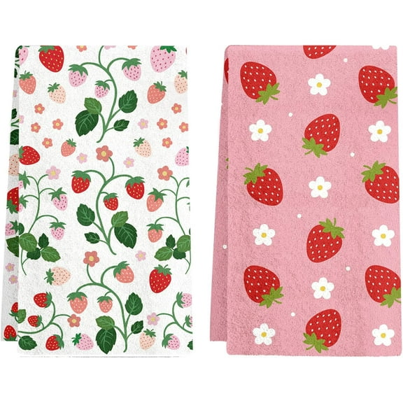 Strawberry Kitchen Towels Set of 2, Pink Dish Towels Funny, Strawberry Hand Towel Dish Towel for Kitchen Decor, Fruit Lover Gifts for Women, Strawberries Absorbent Tea Towels