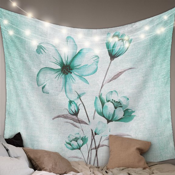 Turquoise Flowers Tapestry for Bedroom Wall Hanging Tapestry, Farmhouse Gradient Floral Plants Ceiling Backdrop Tapestries Poster Blanket Wall Decor for Teens Room Living Room Dorm 51" x 59"
