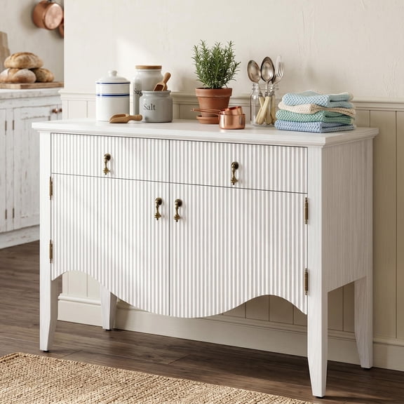 White Fluted Retro Buffet Cabinet With 2 Drawers And 2 Doors For Dining Room Entryway