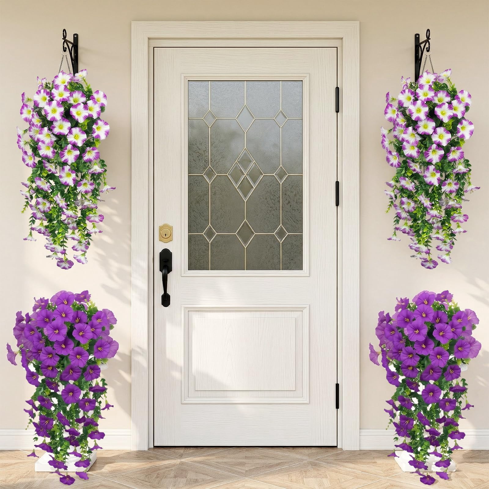 Artificial Hanging Flowers for Outdoors, 6 PCS Silk Morning Glory Artificial Flowers with Eucalyptus Leaves, UV Resistant Fake Flower Realistic Faux Plants for Home Patio Porch Garden0