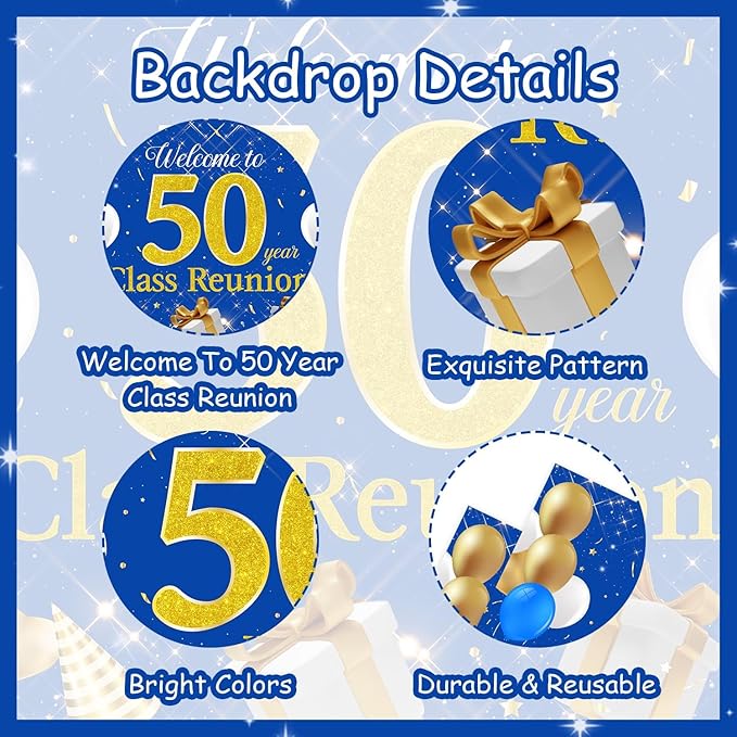 50th Year Class Reunion Party Decoration, Blue and Gold Balloon Arch,Blue and Gold 50th Anniversary Class Reunion Theme Backdrop Balloon Garland Kit