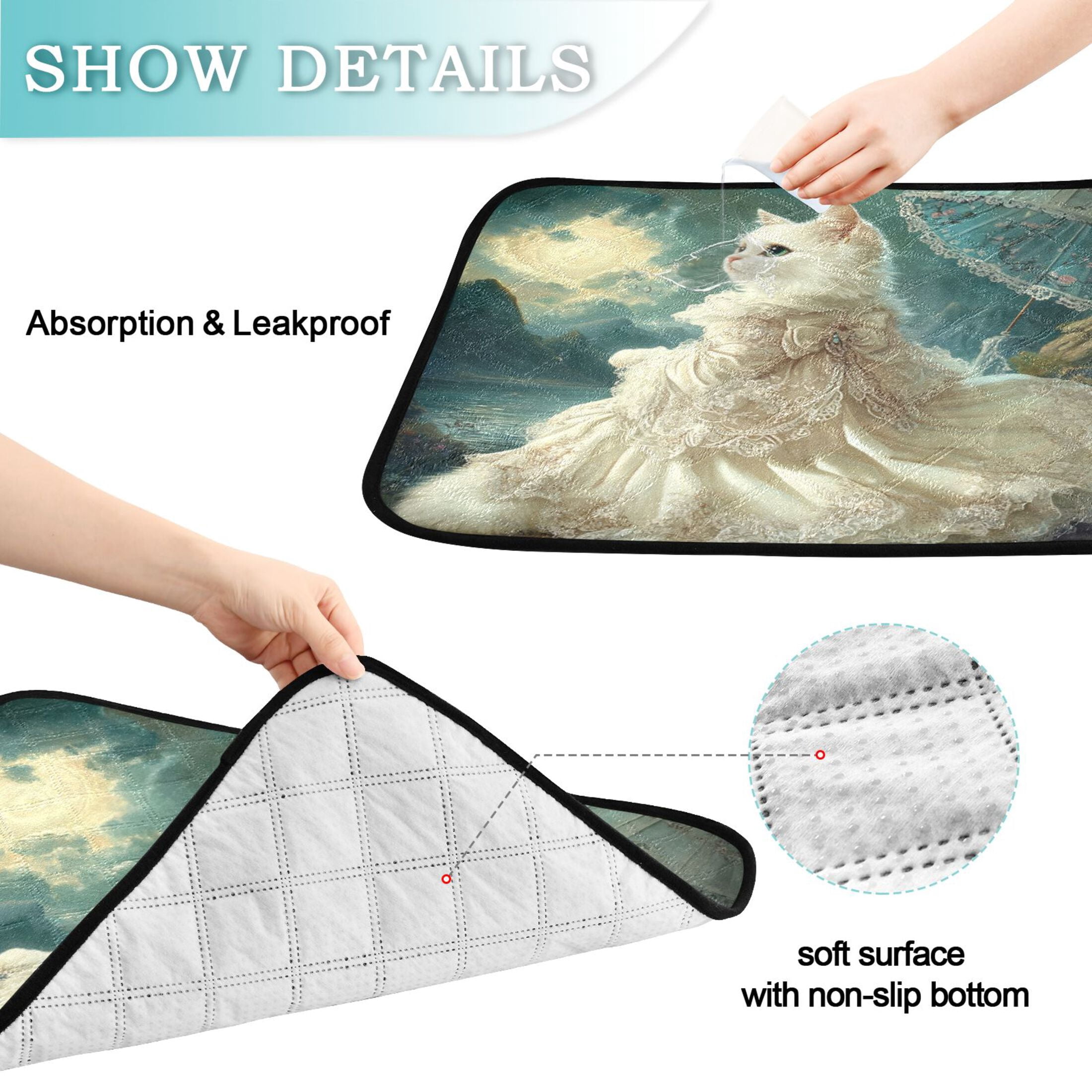 Qxltty Princess White Cat Cat litter Pads Pet Set of 3 Diaper Mats Center Anti-leakage Layer Absorbent Soft and Comfortable