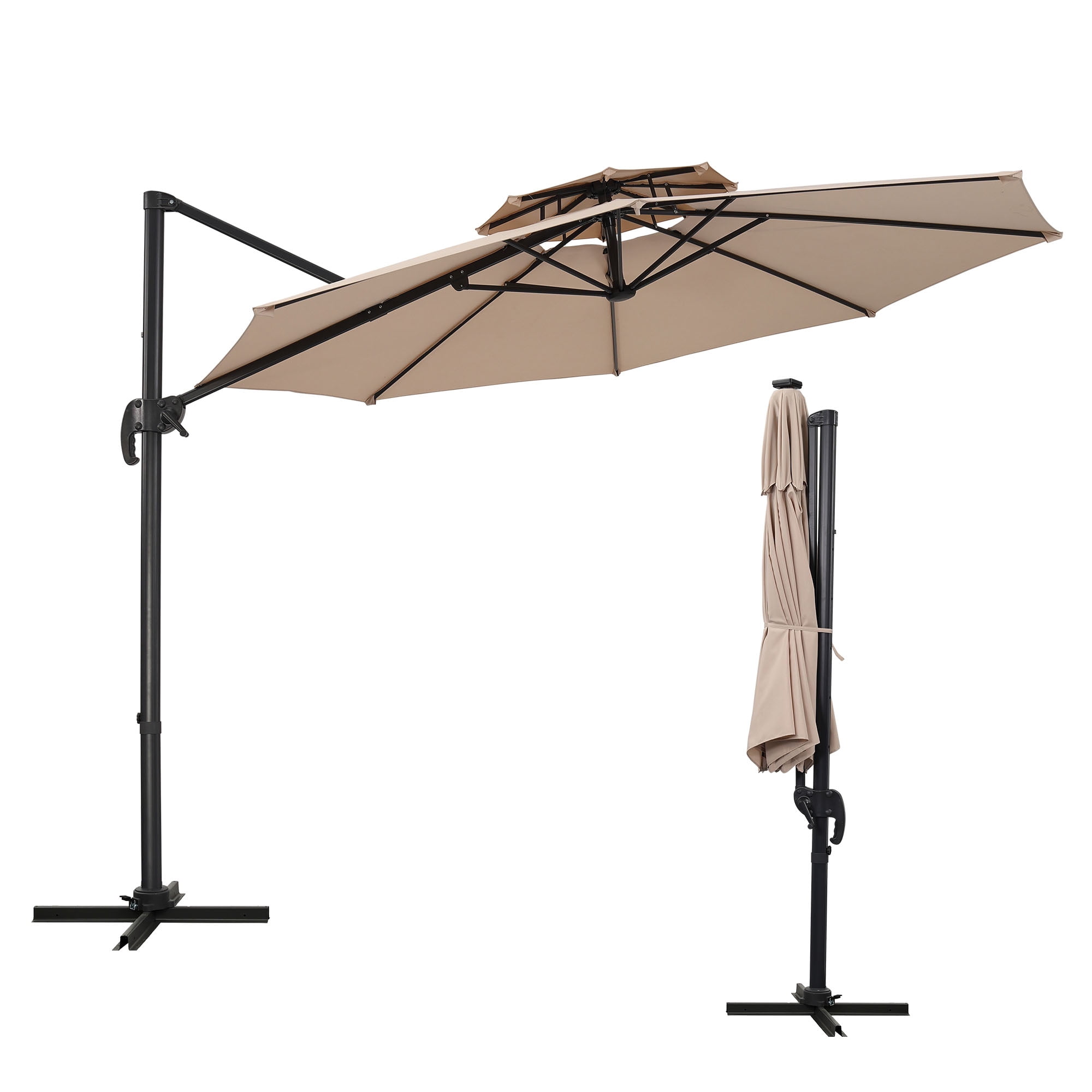 Ainfox 10ft Heavy-Duty Patio Cantilever Umbrella with Cross Base, Beige - 360° Rotation, UV-Resistant Offset Sun Shade