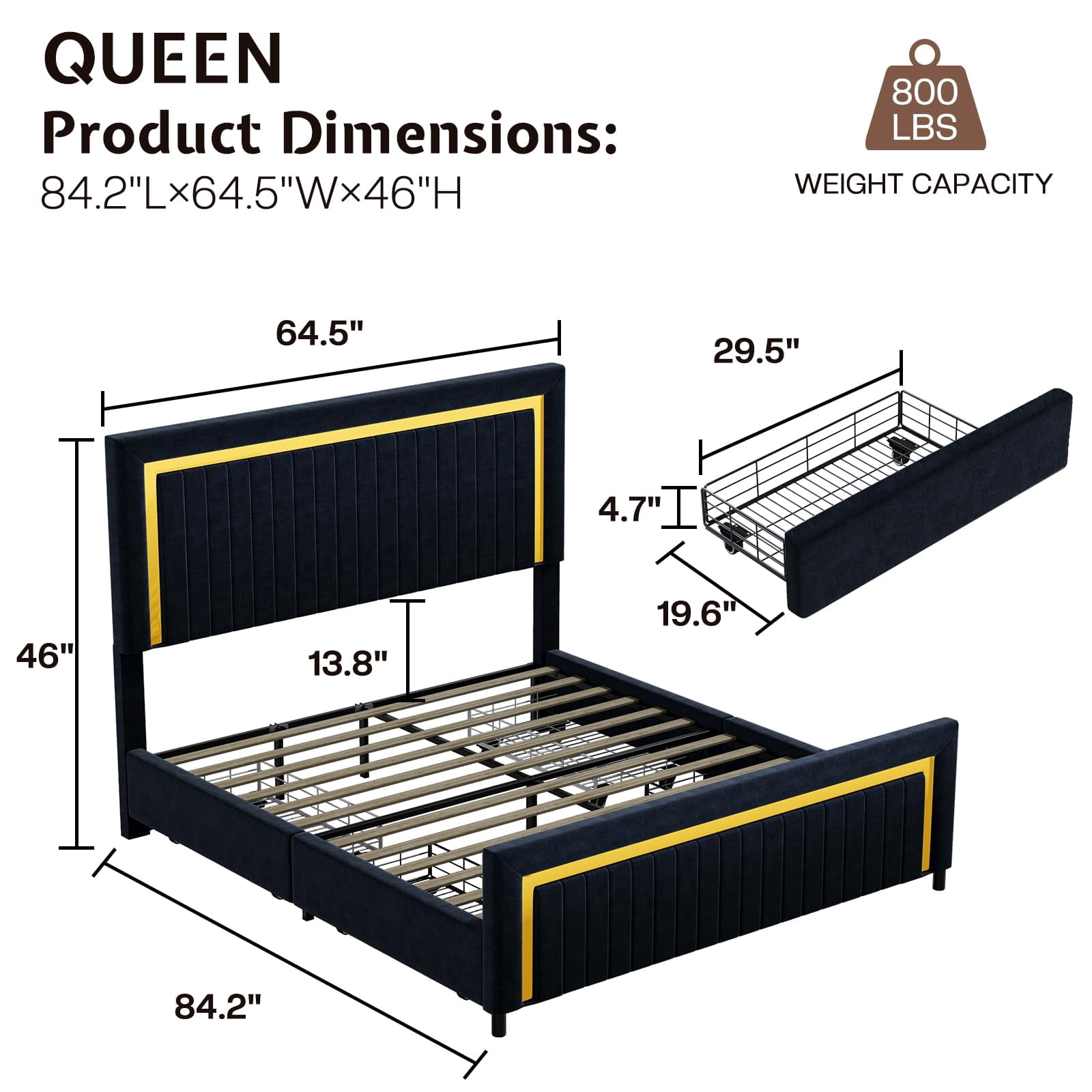 VanAcc Upholstered Platform Queen Size LED Bed Frame with 4 Storage Drawers, Adjustable Headboard with Vertical Channel Design, Black