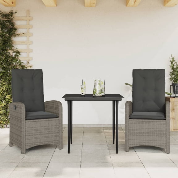 vidaXL 3 Piece Patio Dining Set with Cushions Gray Poly Rattan