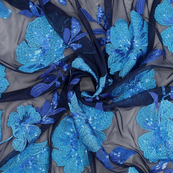 Zelouf Imogen Floral Embroidery And Sequins On Mesh , Sewing, DIY, Crafts Fabric by the Yard, Navy/ Pacific, 3 Yard