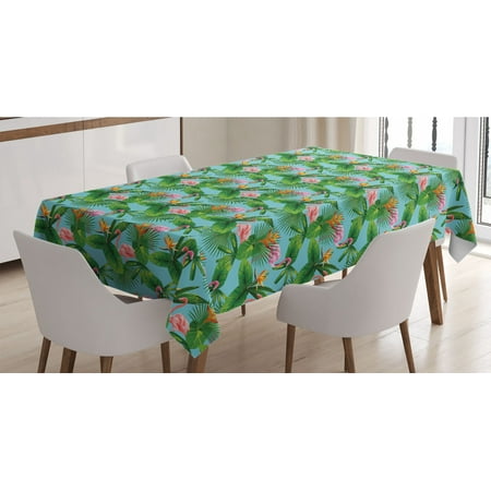 

Tropical Tablecloth Formation of Flamingos and Hawaiian Plants and Flowers Rectangle Satin Table Cover Accent for Dining Room and Kitchen 52 X 70 Pale Sky Blue Fern Green by Ambesonne