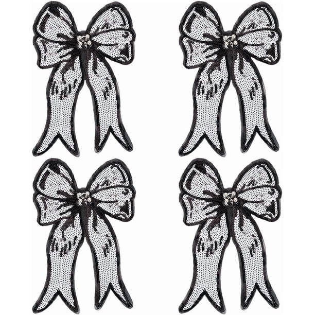 4 parches de lentejuelas con lazo de 11,2 x 7,7 pulgadas, parche de gasa con cuentas y nudo, aplique bordado para coser, parche de reparación de ropa con lentejuelas blancas y negras.