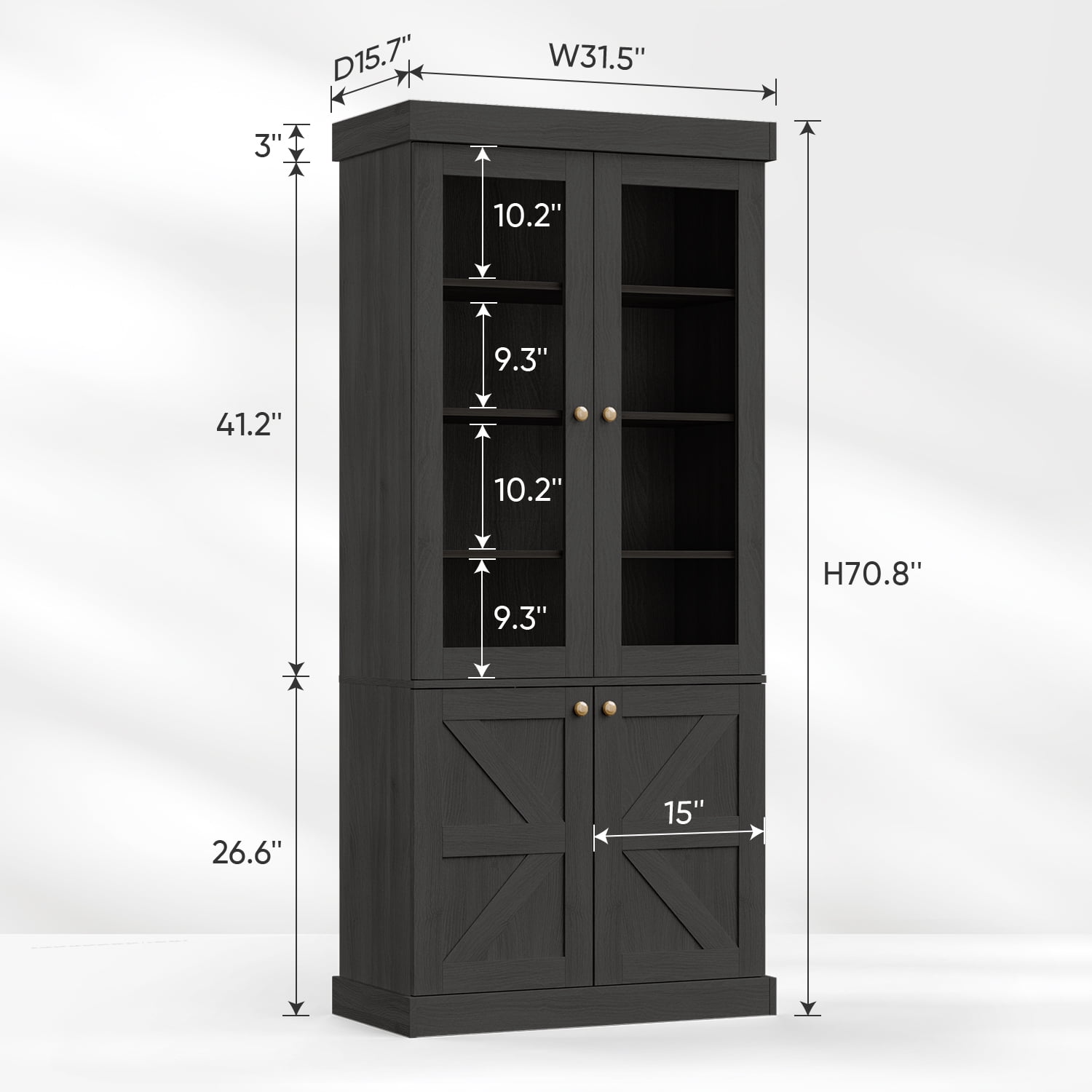 71"Tall Pantry Storage Cabinet,Wood Kitchen Cabinet with Glass Doors and Adjustable Shelves for Dining Room Living Room,Black,3Pcs
