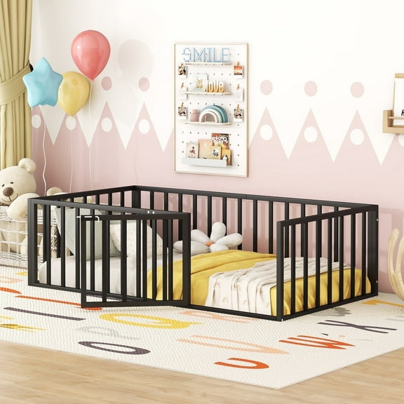 Kumix Twin Floor Bed, Metal Floor Bed with Fence and Door for Teens, Floor Bed with Safety Guardrail for Bedroom, Playroom, Floor Bed for Aged 1-3, Twin Floor Bed, Black