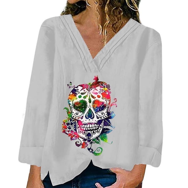 orange Camiseta holgada de manga larga con estampado de calavera para mujer, Tops informales con cuello en V para Halloween