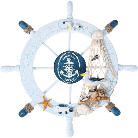 Wooden fishing boat helm with fishing net - party wall nautical decoration