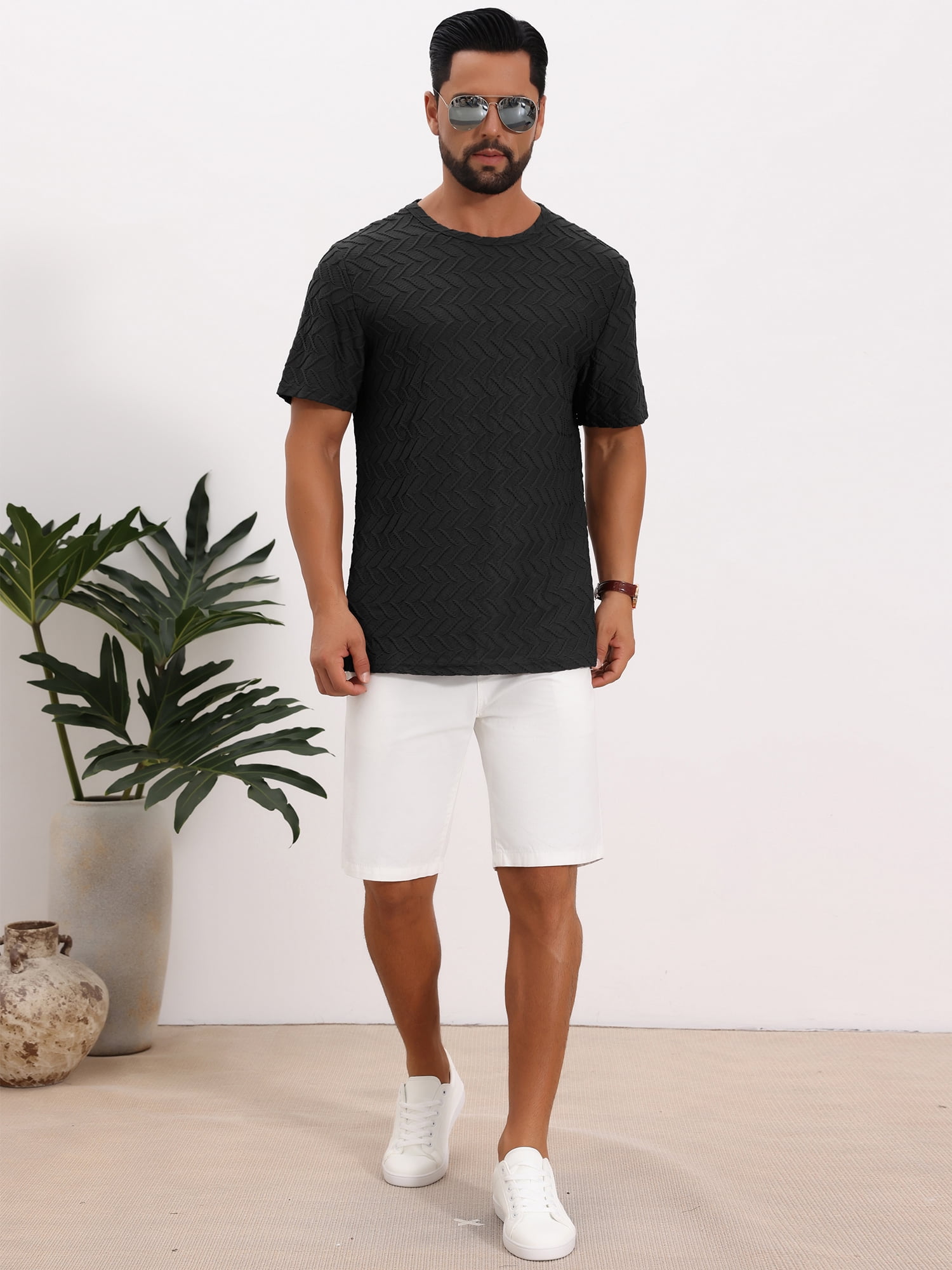 DARING DIVA Men's Knitted T-Shirts Short Sleeve Crew Neck Jacquard T-Shirt XL Black