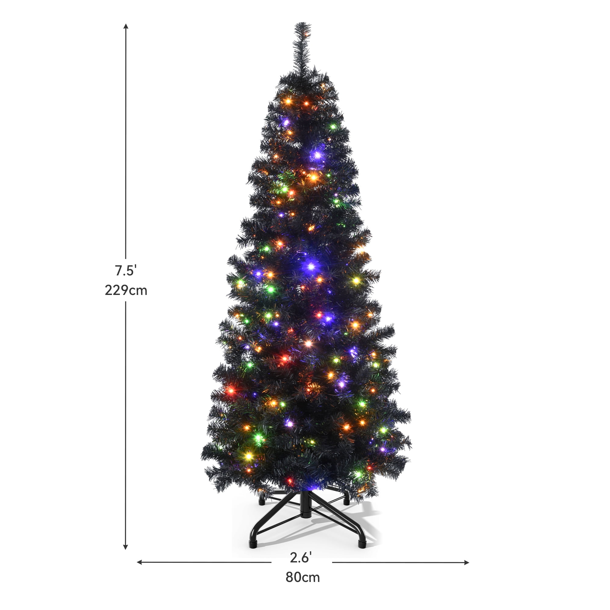 Uforic 7.5ft Pre-Lit Artificial Pencil Christmas Tree,Hinged Slim Hallowee Christmas Tree with 1000 Branch Tips and 350 Lights,Black
