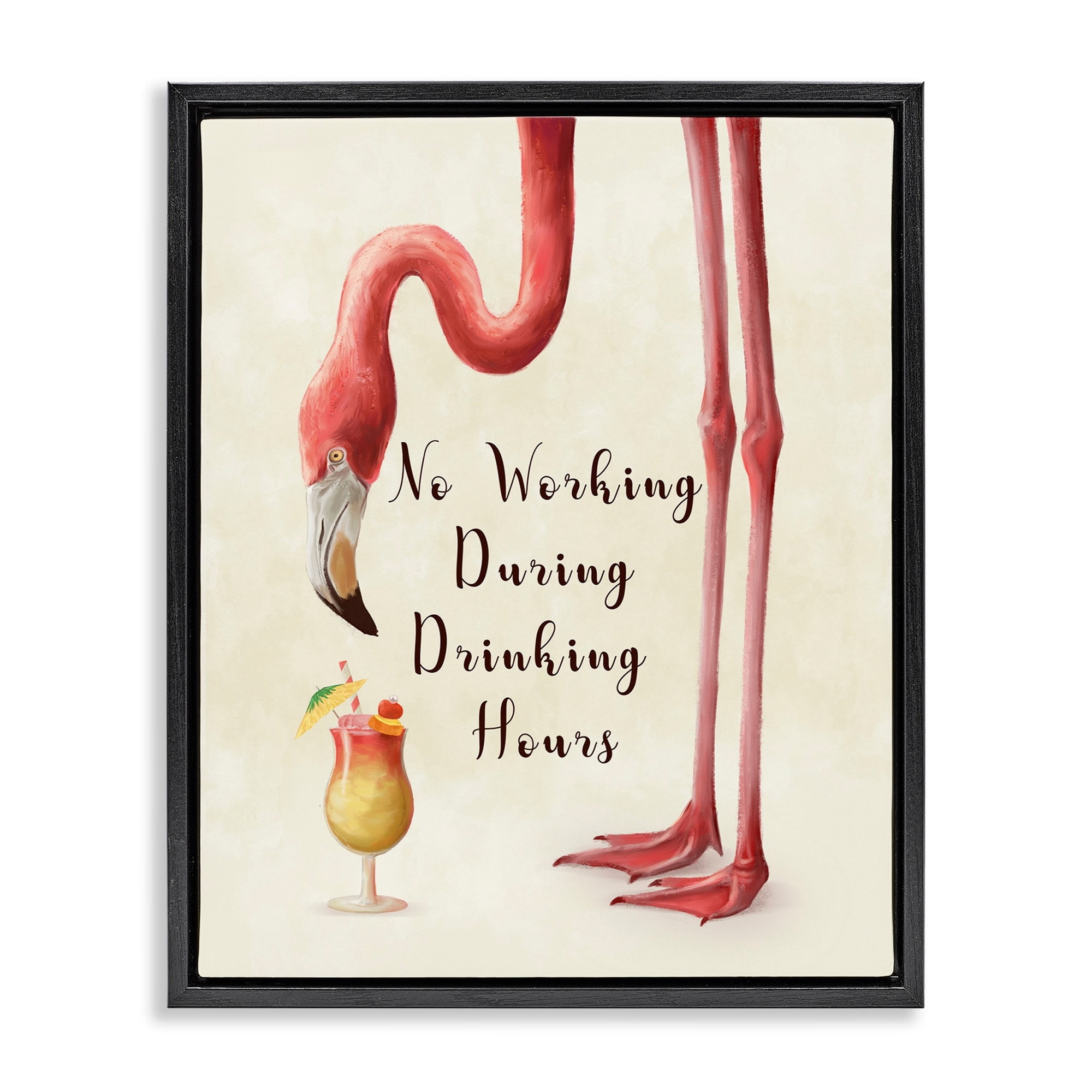 Stupell Industries No Working During Drinking Hours Phrase Tropical Flamingo Jet Black Framed Floating Canvas Wall Art, 24x30, by Ziwei Li
