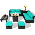 thumbnail image 1 of Topbuy 9 Pieces Outdoor PE Rattan Wicker Sectional Sofa with 42" Gas Fire Pit Table Space-Saving Patio Conversation Set with Storage Box Turquoise, 1 of 10