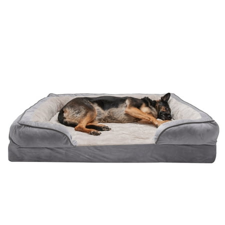 UPC: 0842229119862 | FurHaven Pet Products | Memory Foam Perfect Comfort Velvet Waves Sofa-Style Couch Pet Bed for Dogs & Cats Granite Gray Jumbo Plus
