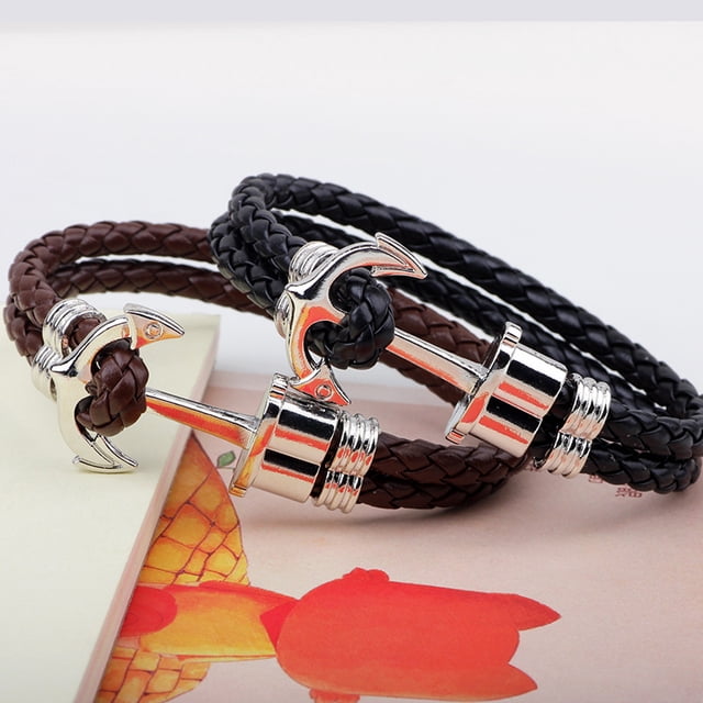2PCS Men's Anchor Bracelet, Vegan Leather and Stainless Steel, Anchor Bracelet Model, Silver Color Stainless Steel Bracelet and Vegan Leather