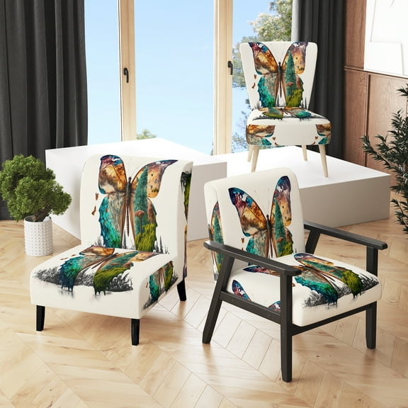 Designart "Butterfly in Natural Harmony I" Blue Abstract Upholstered Accent Chair - Modern Arm Chair For Living Room