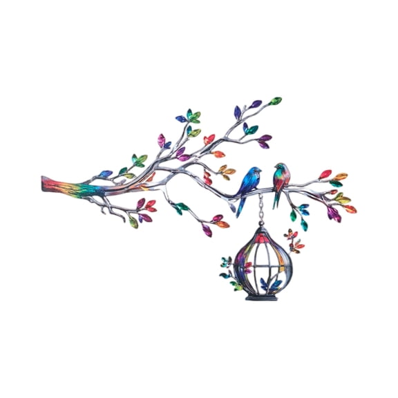 Metal Wall Decor Colorful Birds On Branch With Birdcage Art Decoration 1 Piece For Living Room Cafe Home Accent Wall