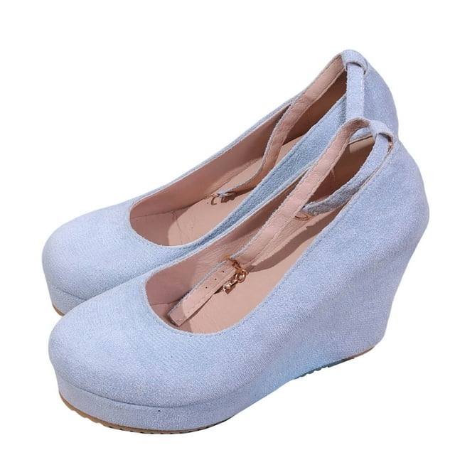 Escarpins Compensés Bleu Ciel pour Femmes avec Bride à la Cheville, Bout Rond, Conception Imperméable pour Tenue Décontractée, Saisons d'Automne et d'Hiver, Chaussures Confort, Taille 36