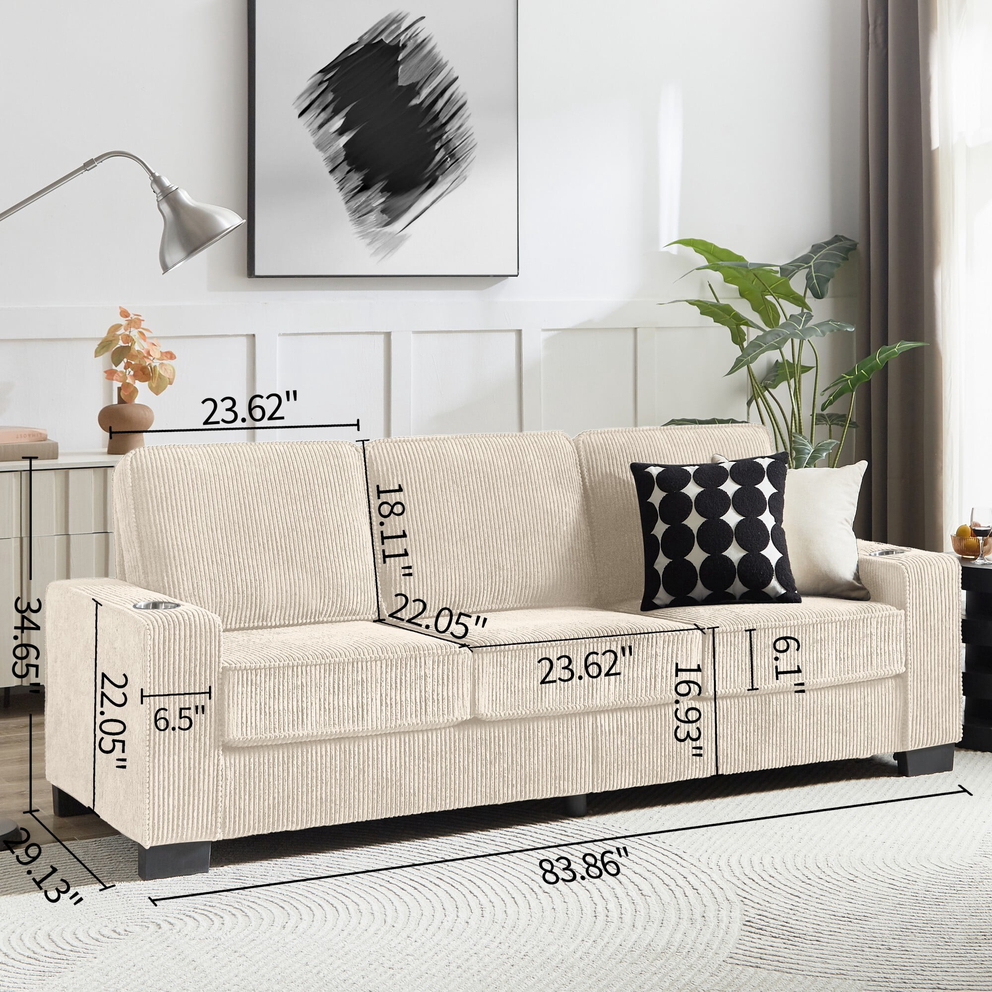 AENKYO 84" Modern Corduroy 3-Seater Sofa, Compressed Couch with Built-in Cup Holders & Washable Covers, Beige
