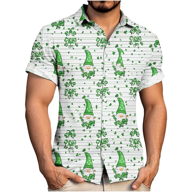 Ceisia Men's St. Patrick's Day Short Sleeve Shirt Clover Print Regular Straight Fit Green Turn-Down Collar Spring Summer Shirt Gift