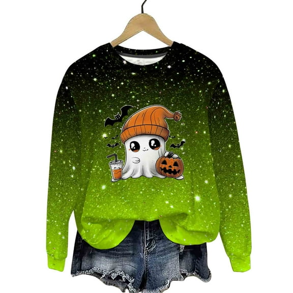 Sriper Women's Halloween Shiny Printed Sweatshirt, Round-Neck Sporty Fleece Top, Personalized Gift, Fall Work Clothes, Comfy & Seasonal Wear Cute Sudaderas Para Mujer Army Green M
