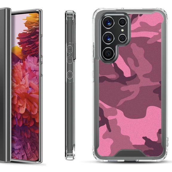 Shockproof Bumper Phone Case for Samsung Galaxy S22 Ultra 5G, by OneToughShield ® - Camo Pink