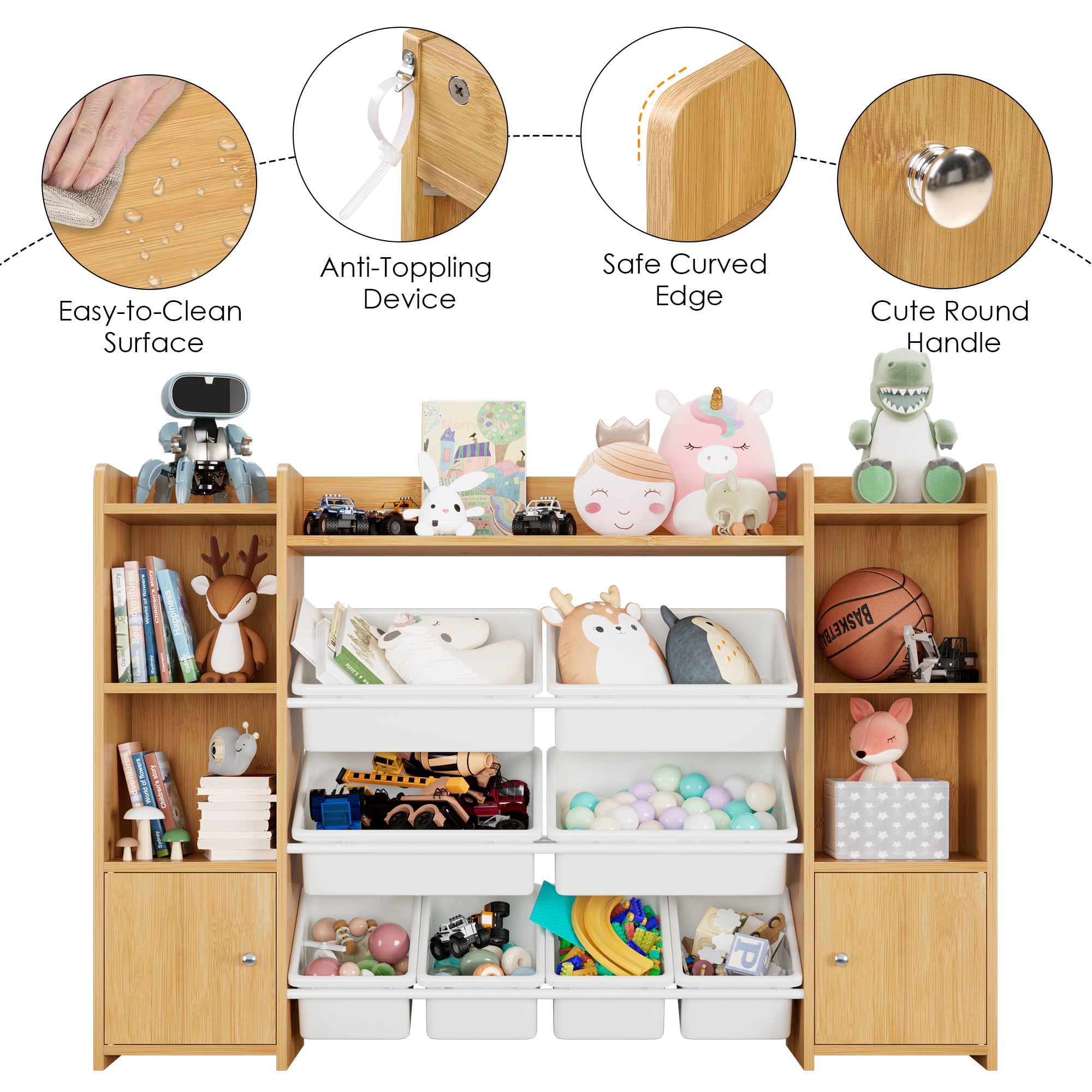 Homfa Kids Toy Organization Cubby Bookcase with 8 Bin, 2 Door Storage Organizer Bookshelf for Children Room Playroom, Natural