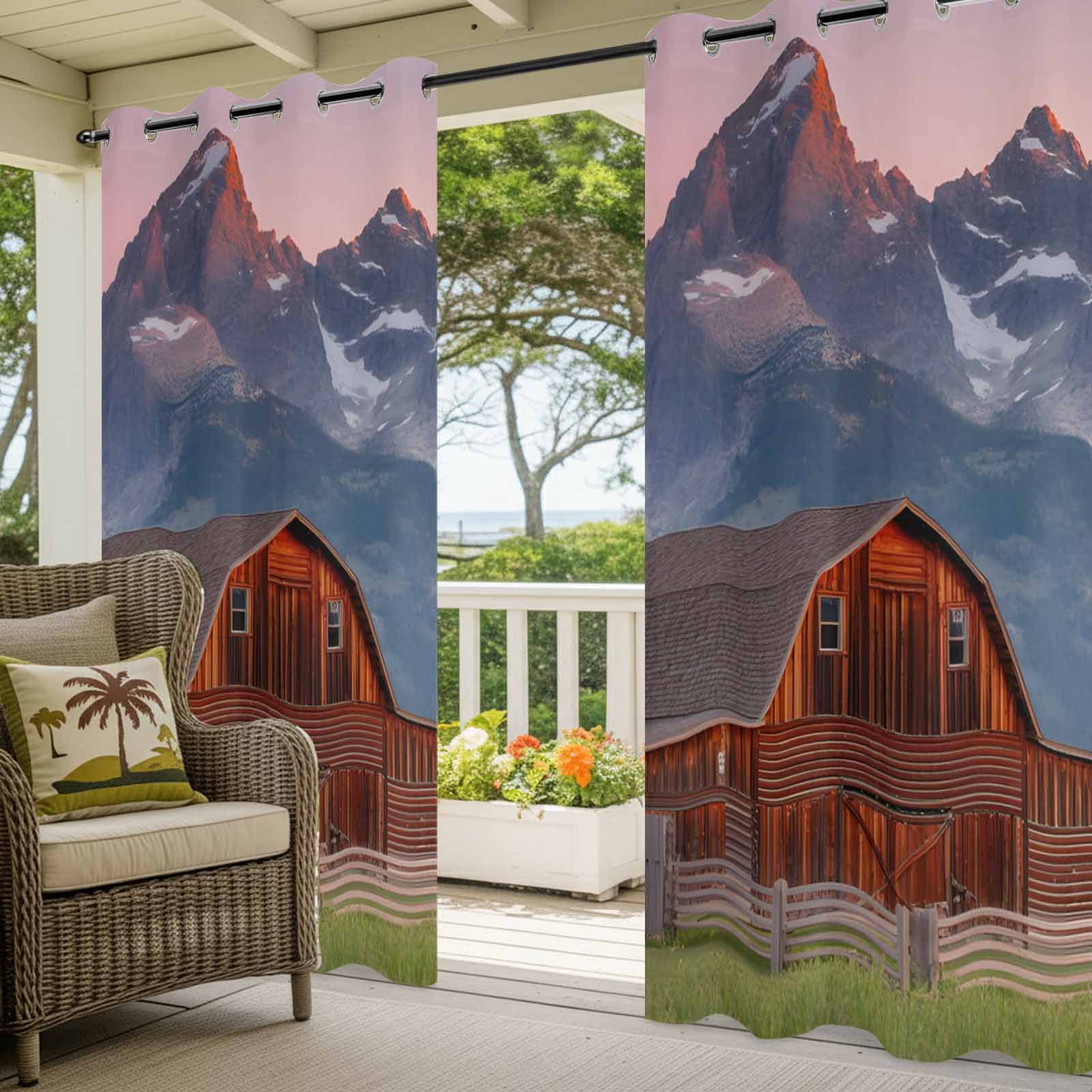 Nature Outdoor Curtains for Patio, Red Barn Rustic Mountain Farmhouse Scenery Sunshade Privacy Drapes Grommet Waterproof Outside Curtains for Porch/Cabana/Balcony 54"x 108", 1 Panel