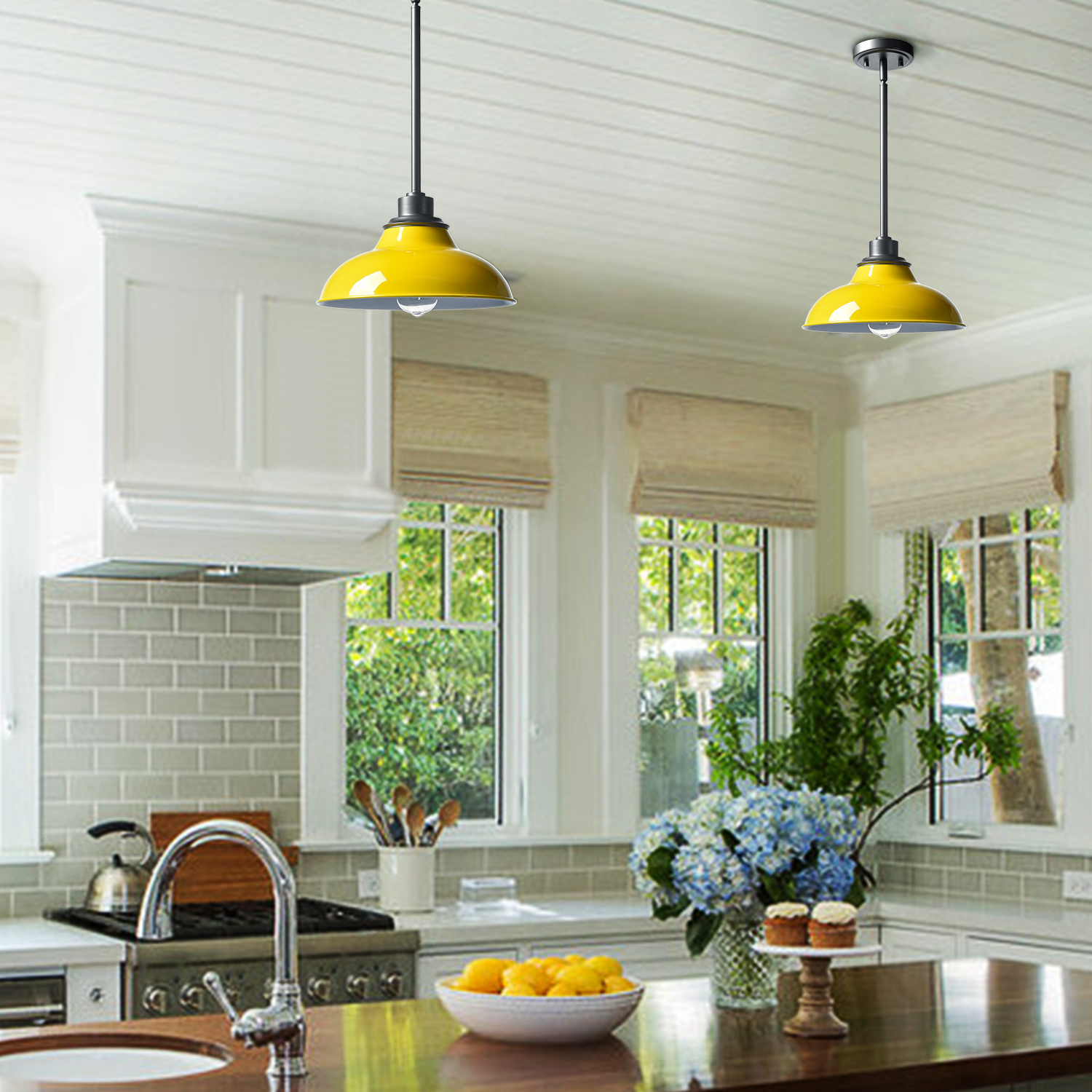 Claxy Yellow Barn Style Pendant Light Fixtures with Dark Grey Rods