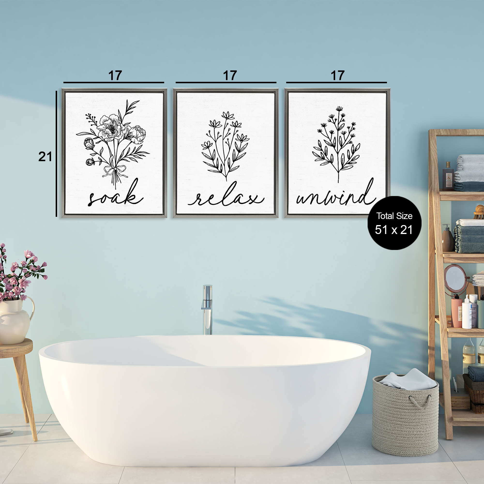 Bathroom Herbs for Relaxation 3 Piece Gray Framed Floater Canvas Set, design by Lettered and Lined