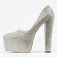 thumbnail image 2 of FSJ Women Luxury Sparkly Rhinestone Embellished Chunky Block High Heel Platform Pumps Closed Toe Slip On Wedding Party Event Shoes Size 10 Silver, 2 of 4