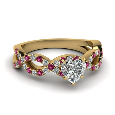 Infinity Engagement Ring 1 Carat Heart Shaped Diamond And Pink Sapphire In 14K Yellow Gold GIA