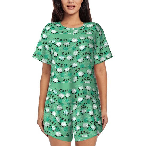Balery Sheep Zzz Conjunto de Pijama para Mujer con Estampado, Dos Piezas de Manga Corta y Shorts, Ropa de Dormir Suave con Cuello Redondo y Bolsillos-Large