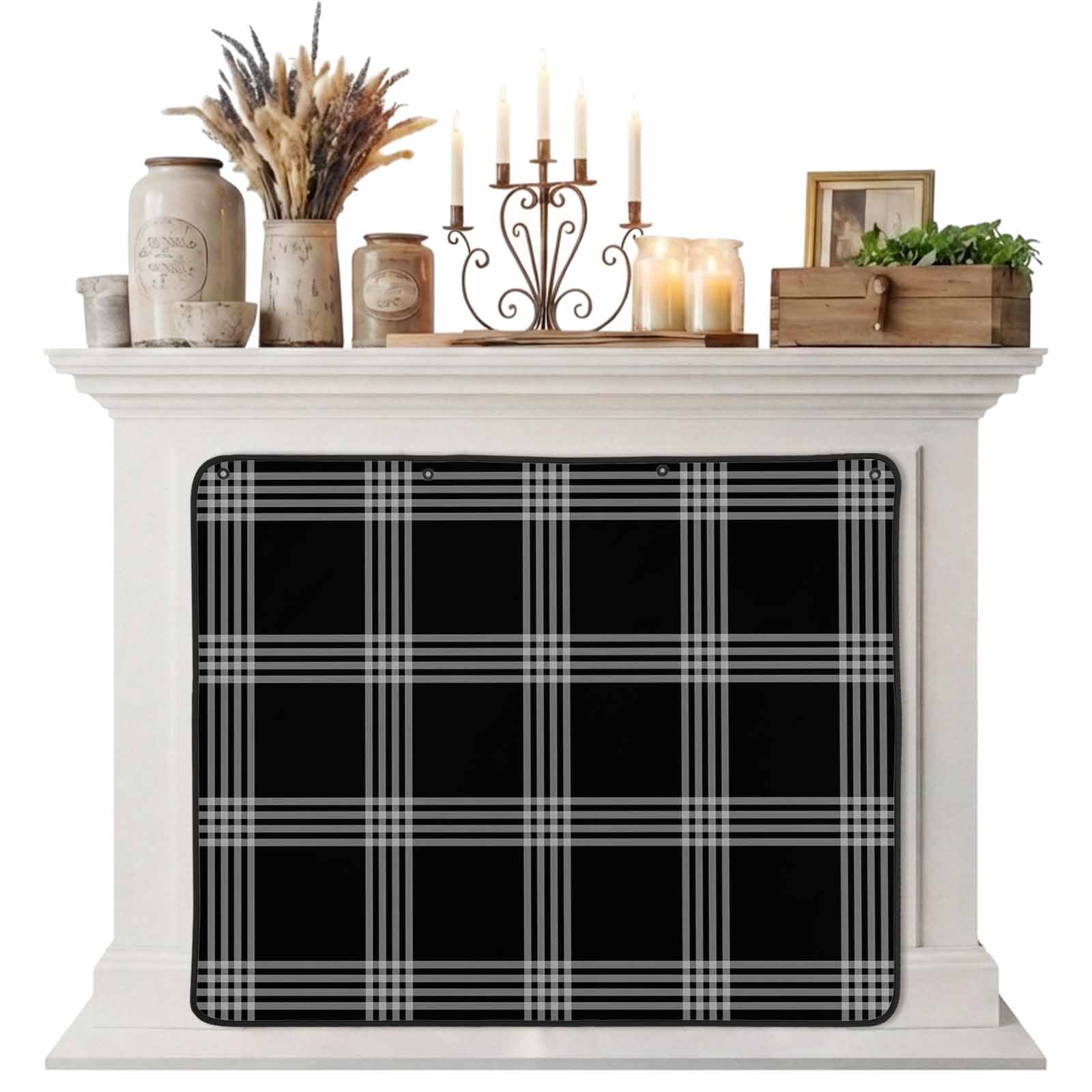 Magnetic Fireplace Cover Black Buffalo Plaid Fireplace Screen Checked Stripes Insulation Fireplace Blocker Blanket Save Energy Fireplace Draft Stopper Covers for Living Room 45x34