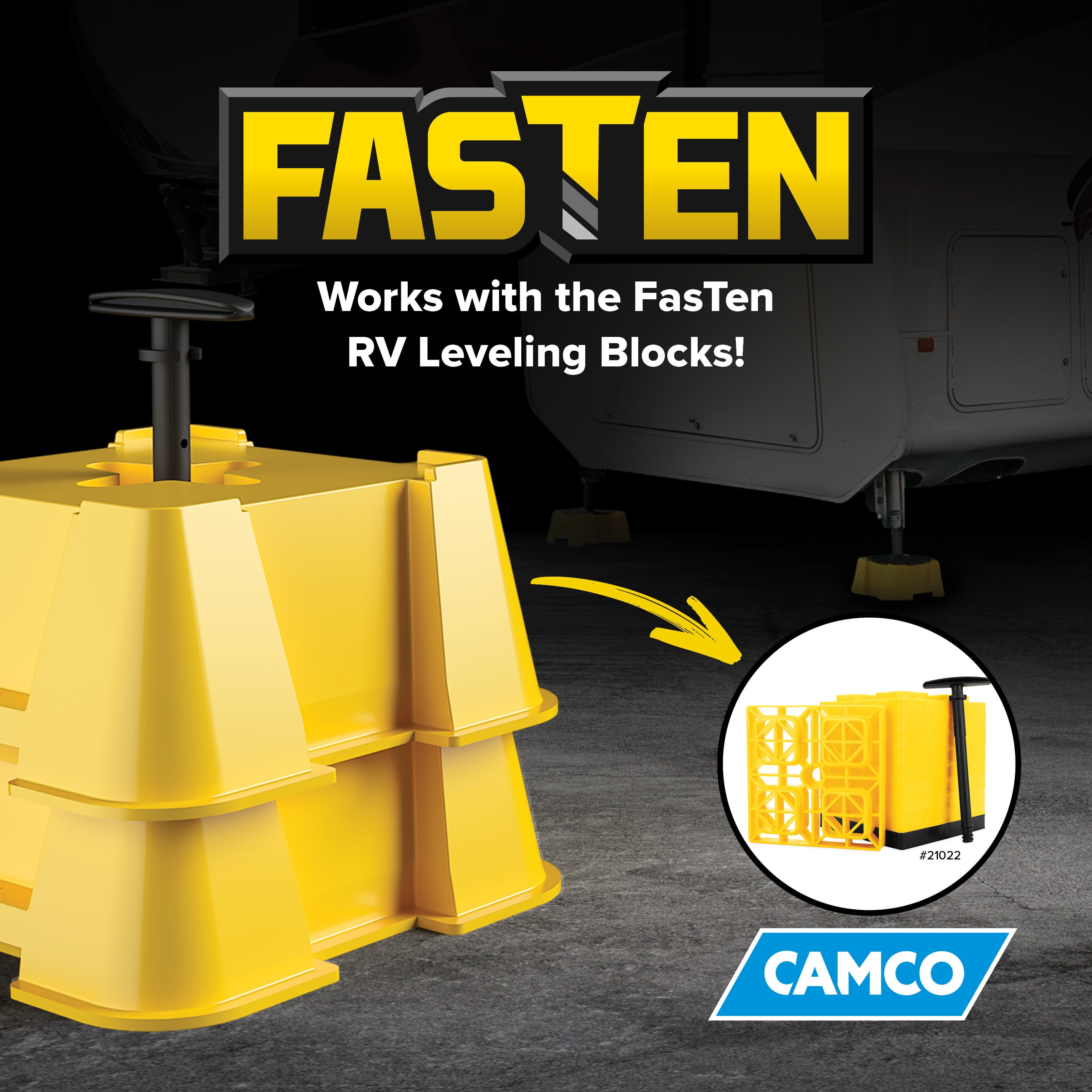 Camco FasTen RV Leveling Blocks - Supports Up to 8,000 Pounds - Yellow, 2-Pack (44539)