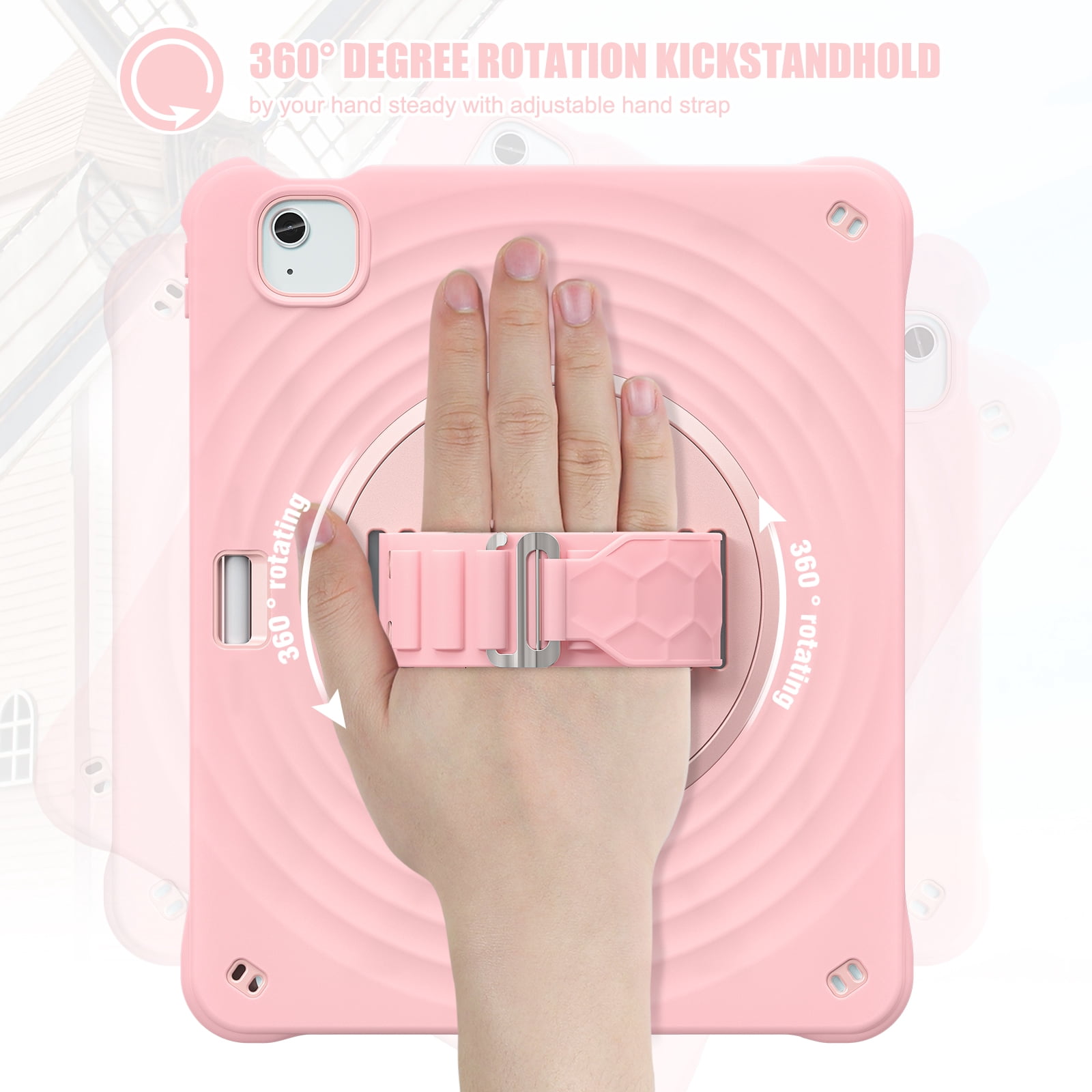 for iPad Air 13" 2025/2024 Case, Durable Sturdy Protection Case with Rotation Stand, Portable Hand Strap and Shoulder Strap Pencil Holder, Heavy Duty Shockproof Anti-Drop Cover, Pink