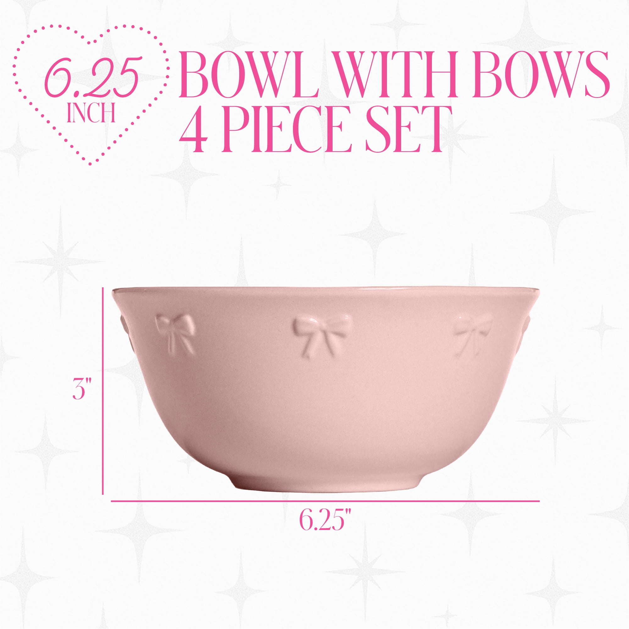 Paris Hilton London Collection 6.25-Inch Ceramic Soup Bowls, Cereal & Snack Bowls, Set of 4, Microwave Safe, Pink with Embossed Bow Detailing
