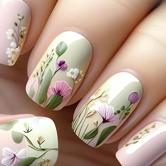 Uñas postizas verdes, uñas postizas cuadradas, uñas postizas cortas, uñas acrílicas de flores, uñas postizas completas con pegamento brillante en las uñas para mujeres, 24 piezas
