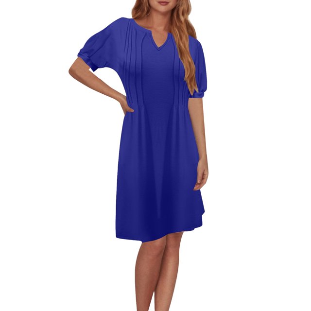 asddcavvf Robes pour Femmes Été Manches Courtes Col en V Taille Plissée Couleur Unie