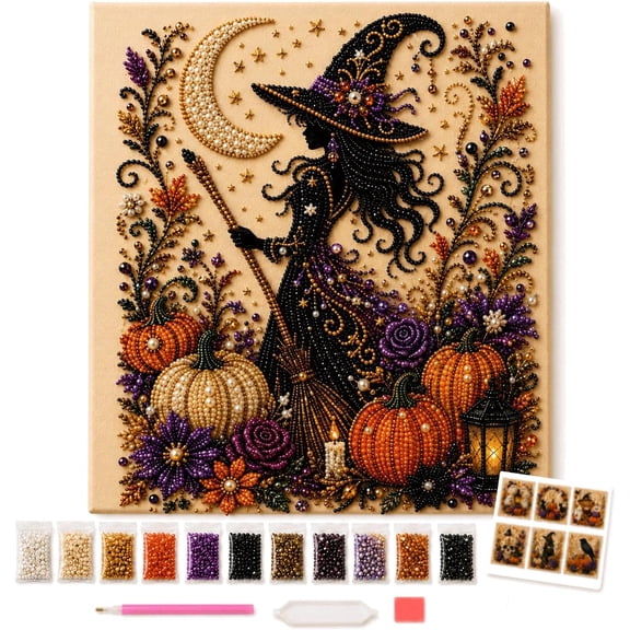 Brainybites Halloween Witch Pearl Art DIY Kit 8x8in 3D Mosaic Craft Gift for Adults