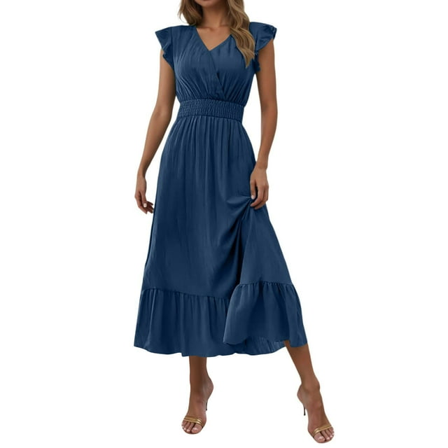 Robe pour Femmes à Col en V Longue Sans Manches Unie Robes Maxi pour Femmes pour Fête Décontractée Quotidien