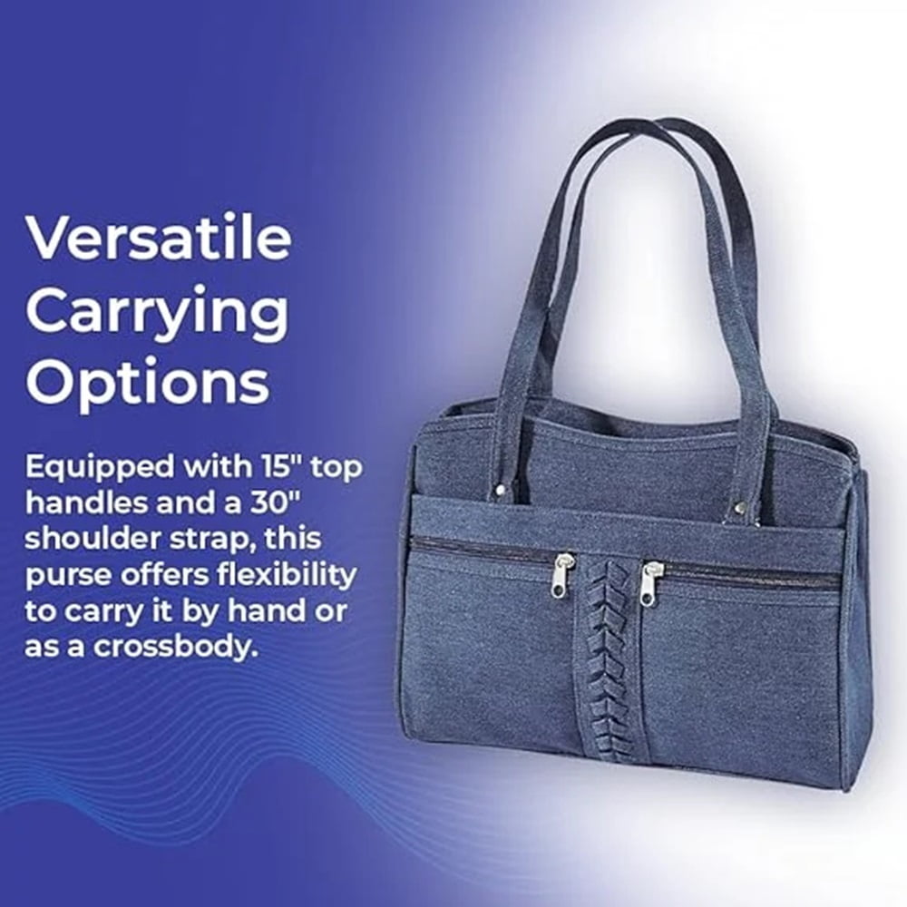 Braided Trim Denim Bag, Soft Jean Handbag for Women, Casual Purse with Multiple Pockets, Crossbody Shoulder Strap, Two Top Handles