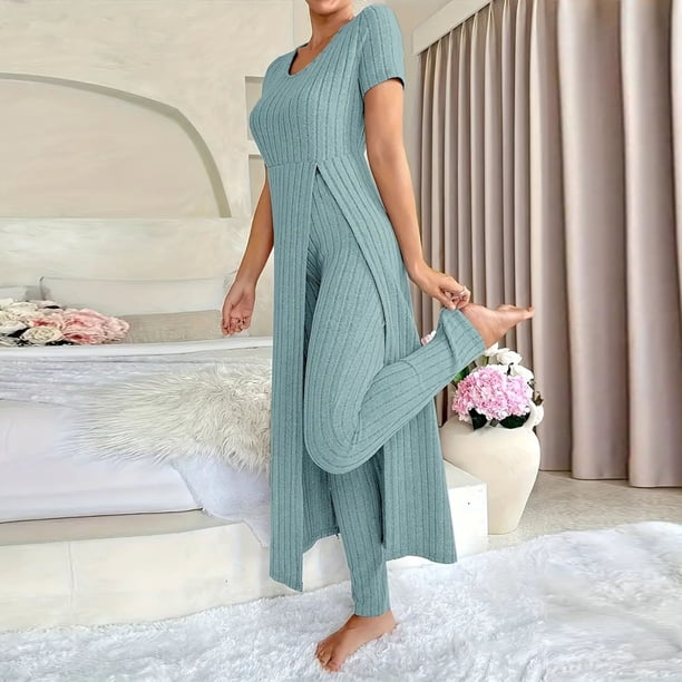 Pincandy Women's Solid Color Pajama Set - Crew Neck Short Sleeve Top & Pants, Casual & Comfortable for Homewear