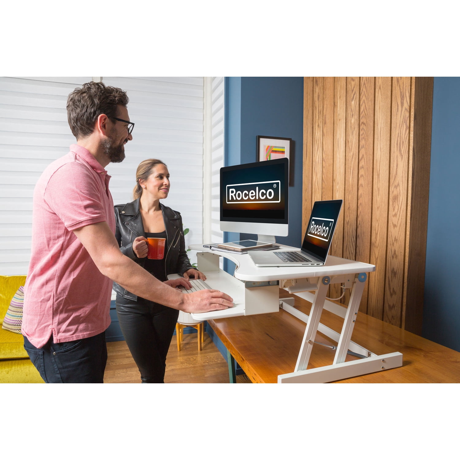 Rocelco Standing Desk Converter 37.5 Inch Deluxe Adjustable Riser, White